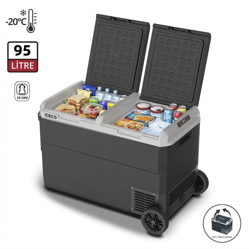 ICECO MCD95D 12/24V 95 Litre Kompresörlü Çift Bölmeli Tekerlekli Outdoor Oto Buzdolabı/Dondurucu