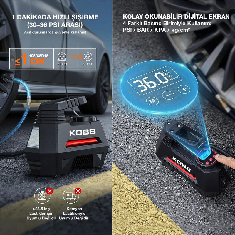 KOBB KB180 12Volt 150 PSI Tənzimlənən Rəqəmsal Təzyiq Ölçer Təkər Şişirmə Pompası 
