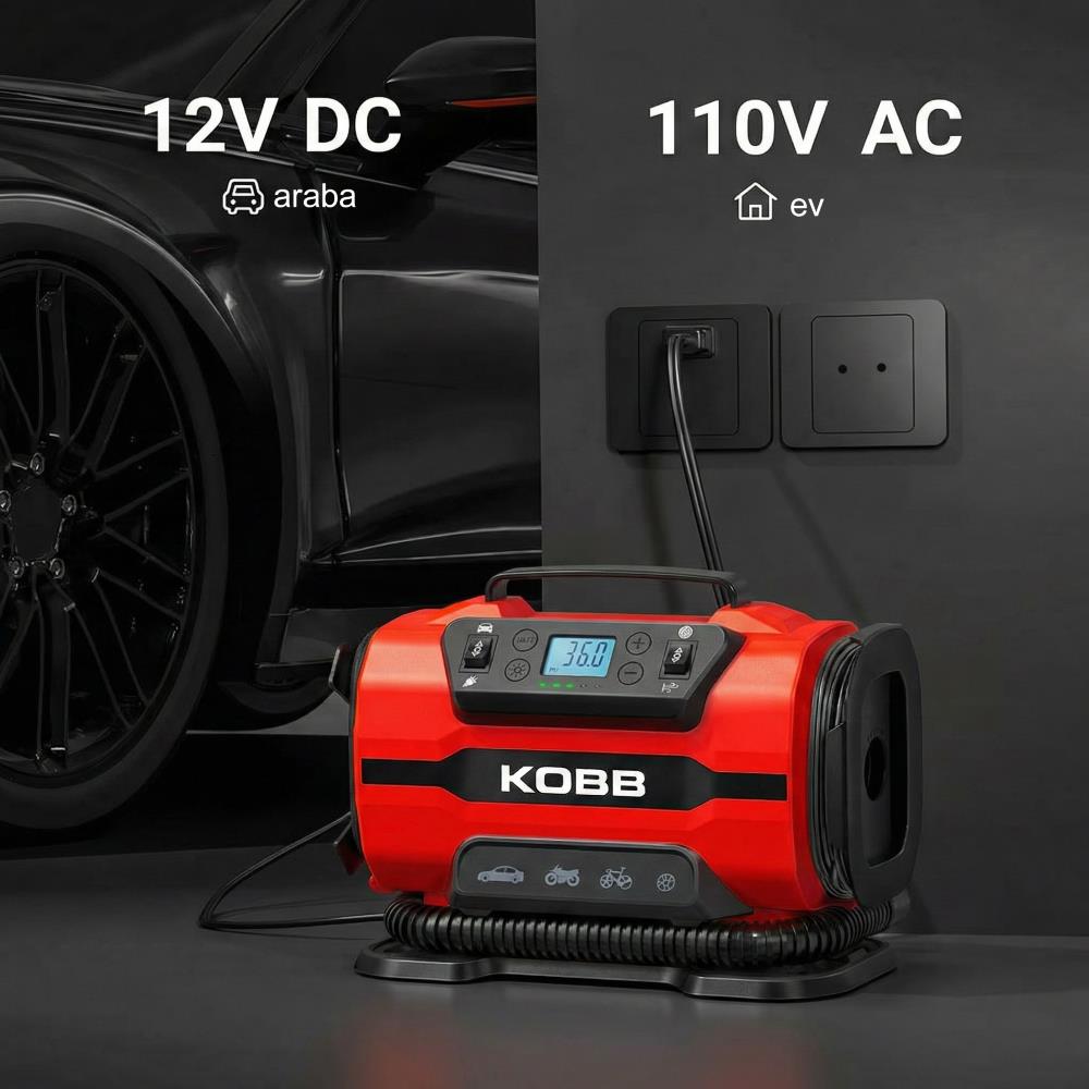 KOBB KB301 12Volt 220Volt 150 PSI Ayarlanabilir Dijital Basınç Göstergeli Lastik ve Yatak Şişirme Pompası - Onivias