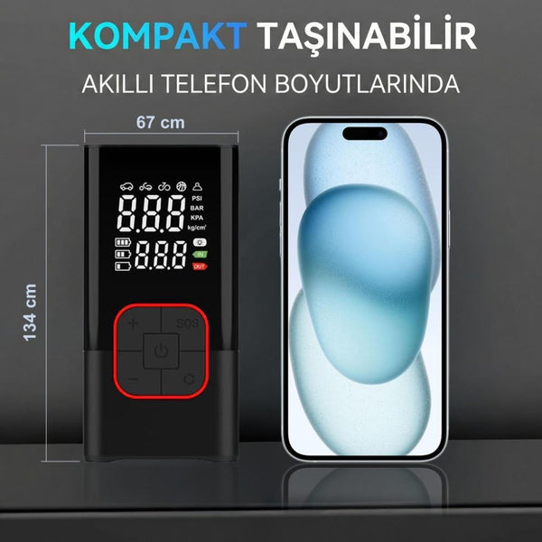 KOBB KB412 Li - ion Şarjlı 150 PSI Dijital Göstergeli Akıllı Lastik Şişirme Pompası+ Powerbank + SOS + Led Lamba - Onivias