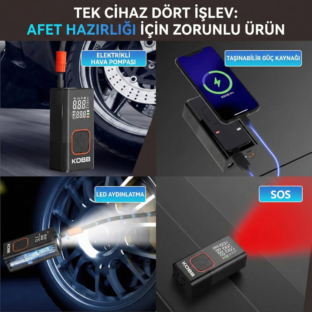 KOBB KB412 Li - ion Şarjlı 150 PSI Dijital Göstergeli Akıllı Lastik Şişirme Pompası+ Powerbank + SOS + Led Lamba - Onivias