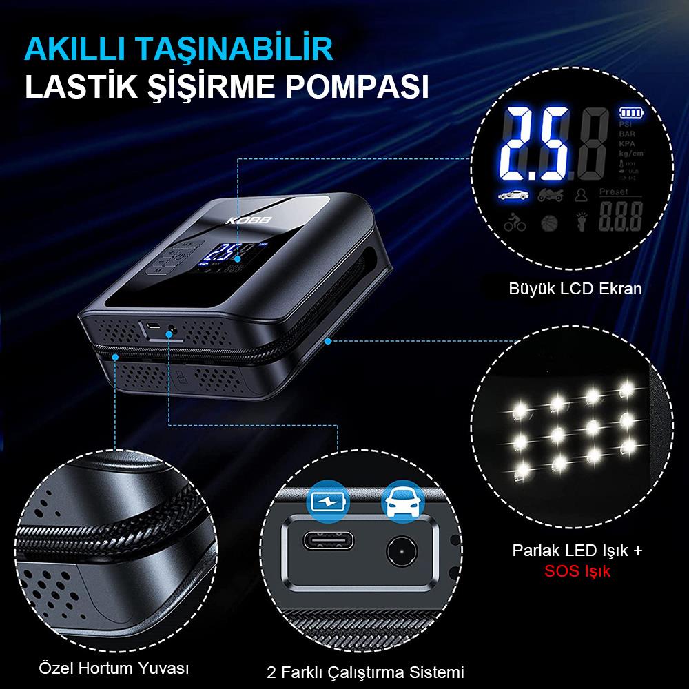 KOBB KB420 12Volt/Şarjlı 150PSI Taşınabilir Dijital Basınç Göstergeli Led Aydınlatmalı Lastik Şişirme Pompası - Onivias
