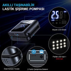 KOBB KB420 12Volt/Şarjlı 150PSI Taşınabilir Dijital Basınç Göstergeli Led Aydınlatmalı Lastik Şişirme Pompası - Onivias