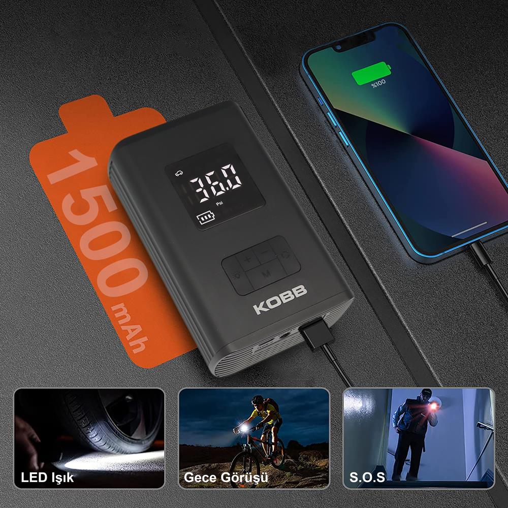 KOBB KB425 12V/Şarjlı Li - ion 150 PSI Dijital Göstergeli Akıllı Lastik Şişirme Pompası+ Powerbank + SOS + Led - Onivias