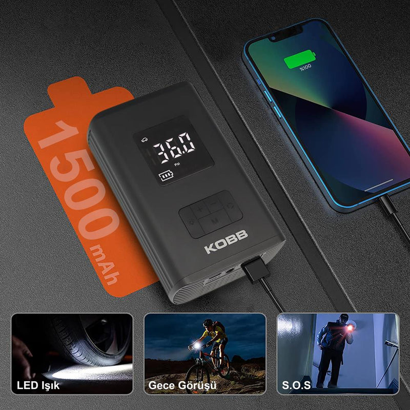 KOBB KB425 12V/Yenidən doldurulan Li-ion 150 PSI Rəqəmsal Displey Ağıllı Təkər Doldurma Pompası + Powerbank + SOS + LED 