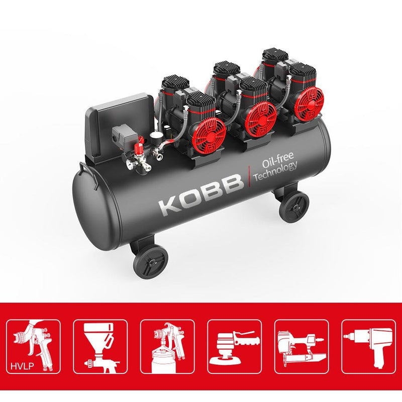 KOBB KBK100S 6.0HP 100Lt 8Bar Üçlü Motorlu Yağsız Səssiz Portativ Hava Kompressoru