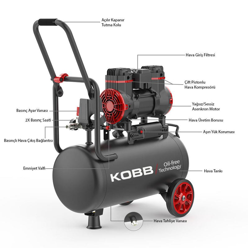 KOBB KBK25S 1.7HP 25Lt 8Bar Yağsız Səssiz Portativ Hava Kompressoru