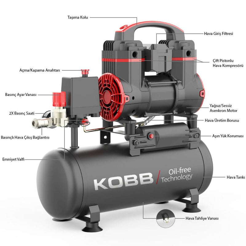 KOBB KBK8S 1.2HP 8Lt 8Bar Yağsız Səssiz Portativ Hava Kompressoru
