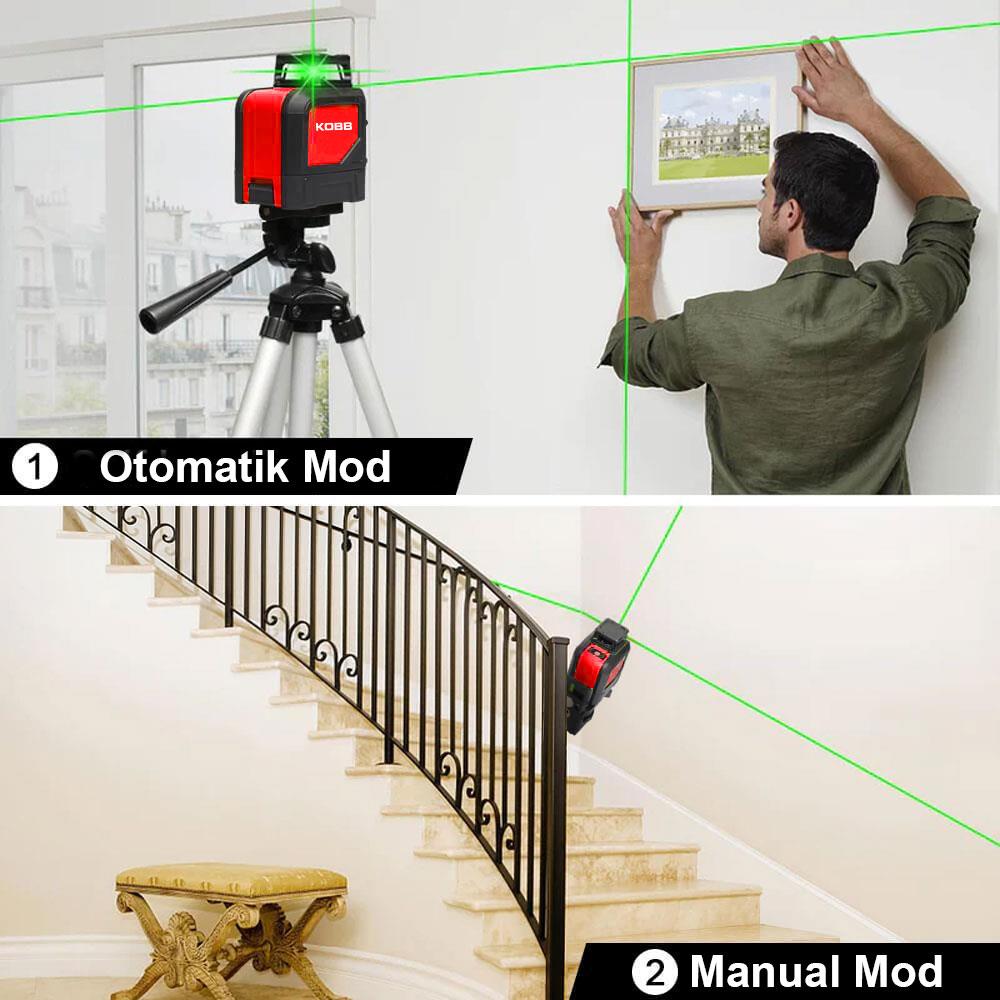 KOBB KBL30GTP 25 Metre Profesyonel Yatay 360° ve Dikey Otomatik Hizalamalı Yeşil Çapraz Çizgi Lazer Distomat + Tripod - Onivias