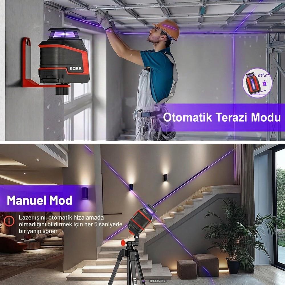 KOBB KBL30P 3.7V Li-ion Yatay 360° ve Dikey Otomatik Hizalamalı Mor Işık Profesyonel Çizgi Lazer - görsel 3