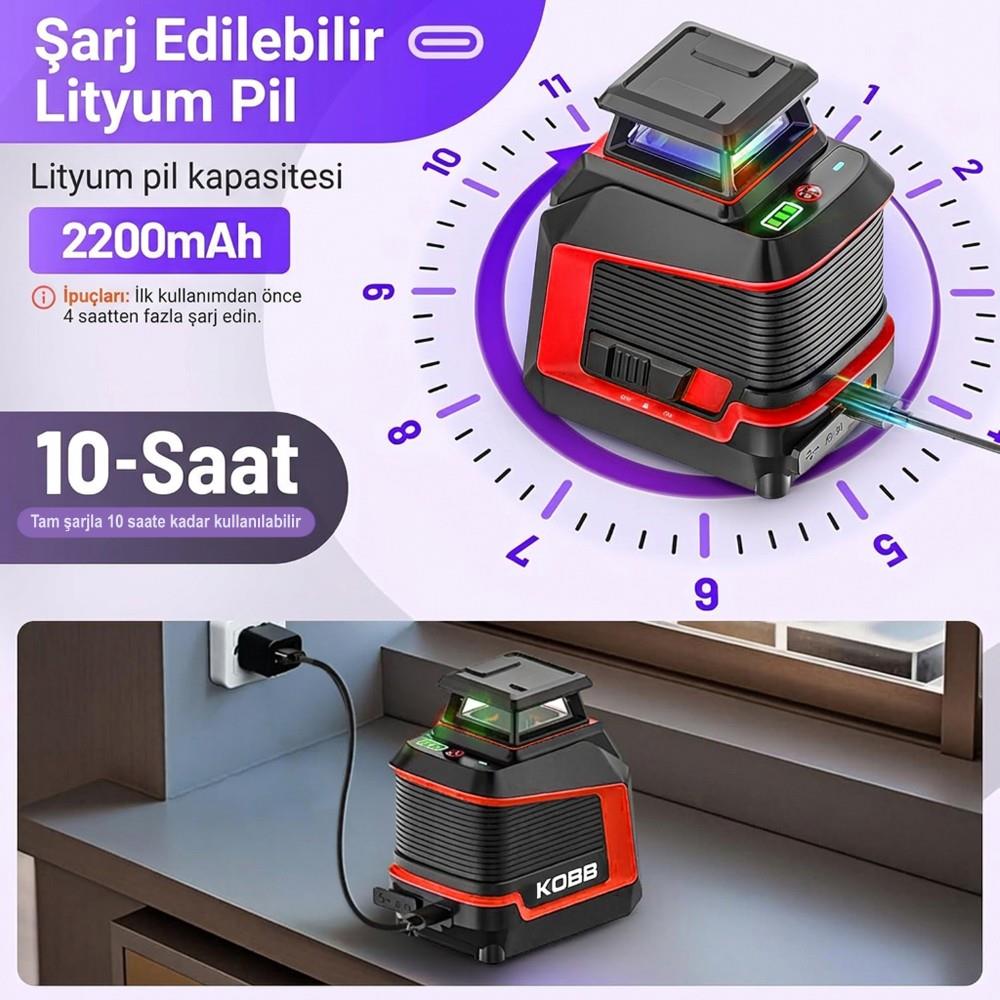 KOBB KBL30P 3.7V Li-ion Yatay 360° ve Dikey Otomatik Hizalamalı Mor Işık Profesyonel Çizgi Lazer - görsel 10