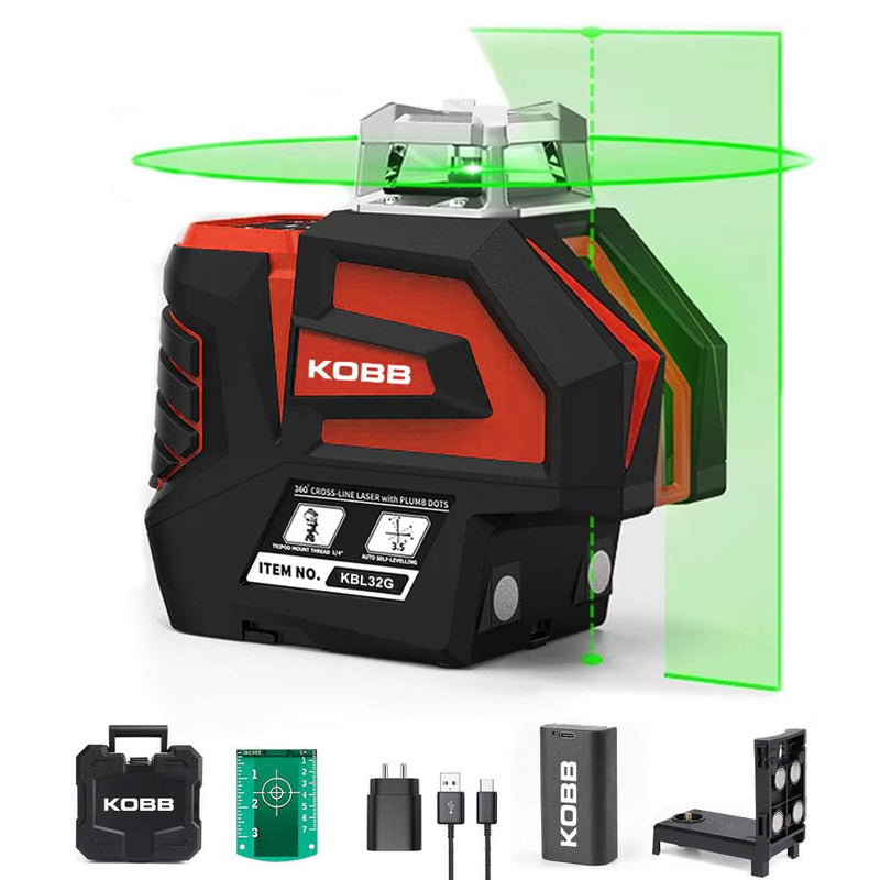 KOBB KBL32G Professional Li-ion Horizontal 360° və Şaquli Avtomatik Hizalama Yaşıl Nöqtəli Plumb və Yaşıl Çapraz Xətt Lazeri