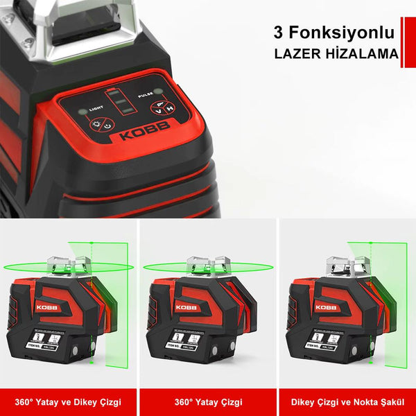 KOBB KBL32GTP Profesyonel Li - ion Yatay 360° ve Dikey Otomatik Hizalamalı Yeşil Nokta Şakül ve Çapraz Çizgi Lazer+Tripod - Onivias