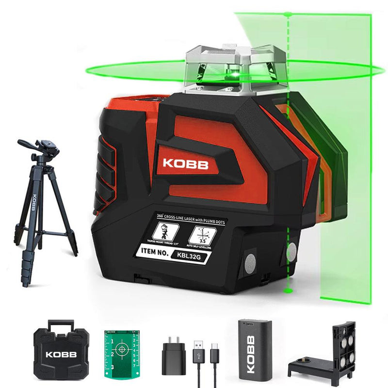 KOBB KBL32GTP Professional Li-ion Horizontal 360° və Şaquli Avtomatik Düzəliş Yaşıl Nöqtəli Plumb və Çarpaz Xətt Lazer + Tripod