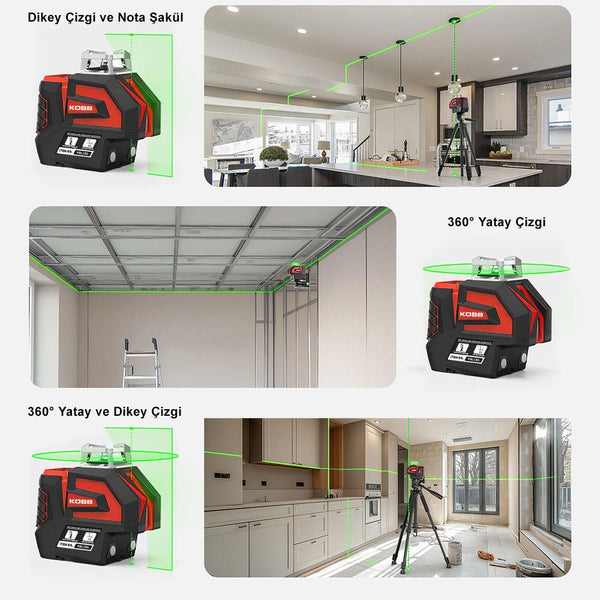 KOBB KBL32GTP Profesyonel Li - ion Yatay 360° ve Dikey Otomatik Hizalamalı Yeşil Nokta Şakül ve Çapraz Çizgi Lazer+Tripod - Onivias