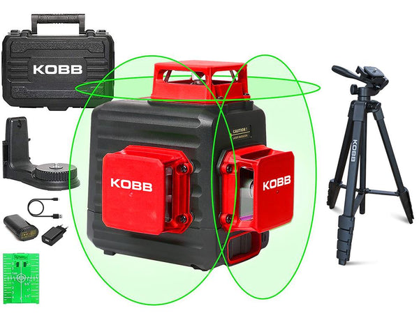 KOBB KBL34GTP 40 Metre Profesyonel Li - ion Şarjlı 3X360⁰ Otomatik Hizalamalı Yeşil Çapraz Çizgi Lazer Distomat+Tripod - Onivias