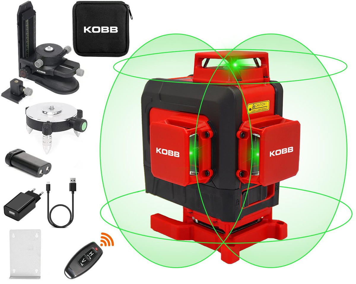 KOBB KBL35G Profesyonel Li - ion Şarjlı 4X360⁰ Otomatik Hizalamalı Yeşil Çapraz Çizgi Lazer Distomat+Uzaktan Kumanda - Onivias