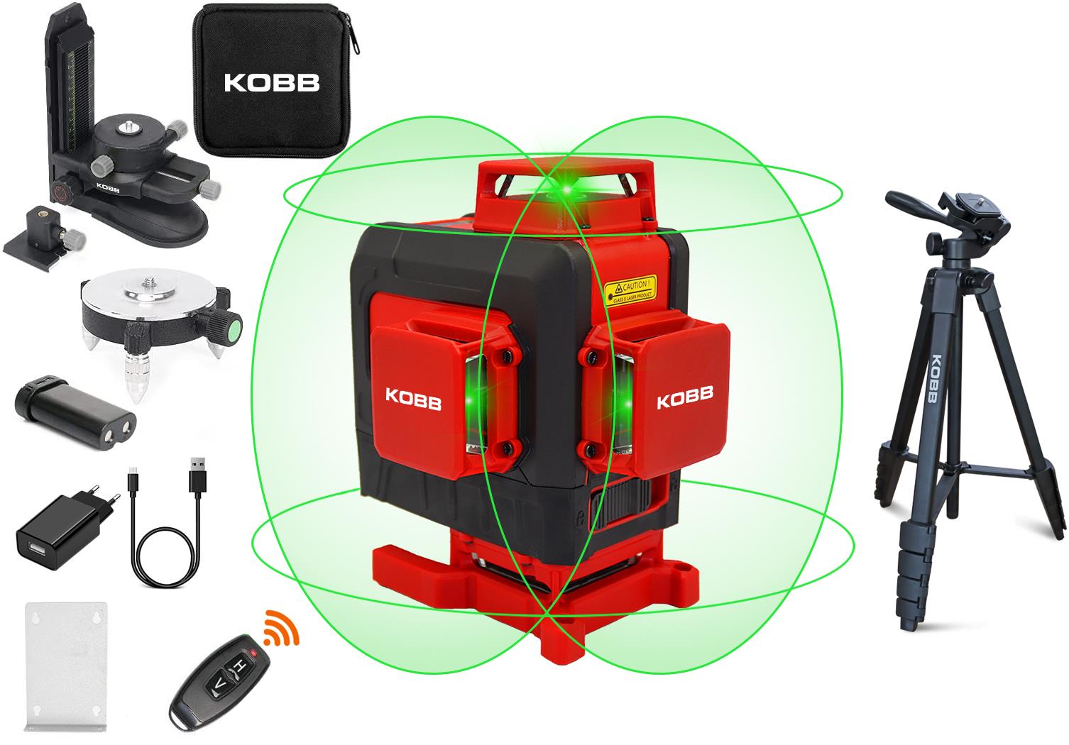 KOBB KBL35GTP Profesyonel Li - ion Şarjlı 4X360⁰ Otomatik Hizalamalı Yeşil Çapraz Çizgi Lazer Distomat+Tripod - Onivias