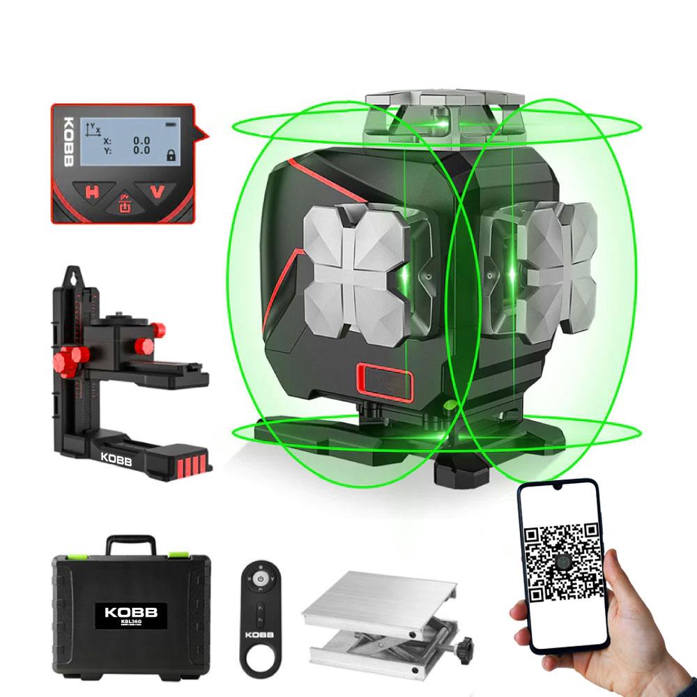 KOBB KBL36G Profesyonel Li - ion Şarjlı 4X360⁰ LCD Ekran Otomatik Hizalamalı Yeşil Çapraz Çizgi Lazer Distomat - Onivias