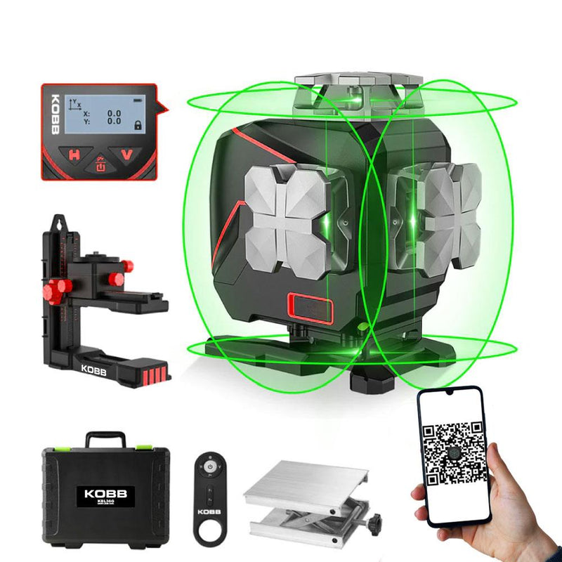 KOBB KBL36G Professional Li-ion Doldurula bilən 4X360⁰ LCD Ekran Avtomatik Hizalama Yaşıl Çarpaz Lazer Distomat