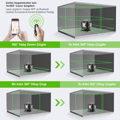 KOBB KBL36G Profesyonel Li - ion Şarjlı 4X360⁰ LCD Ekran Otomatik Hizalamalı Yeşil Çapraz Çizgi Lazer Distomat - Onivias