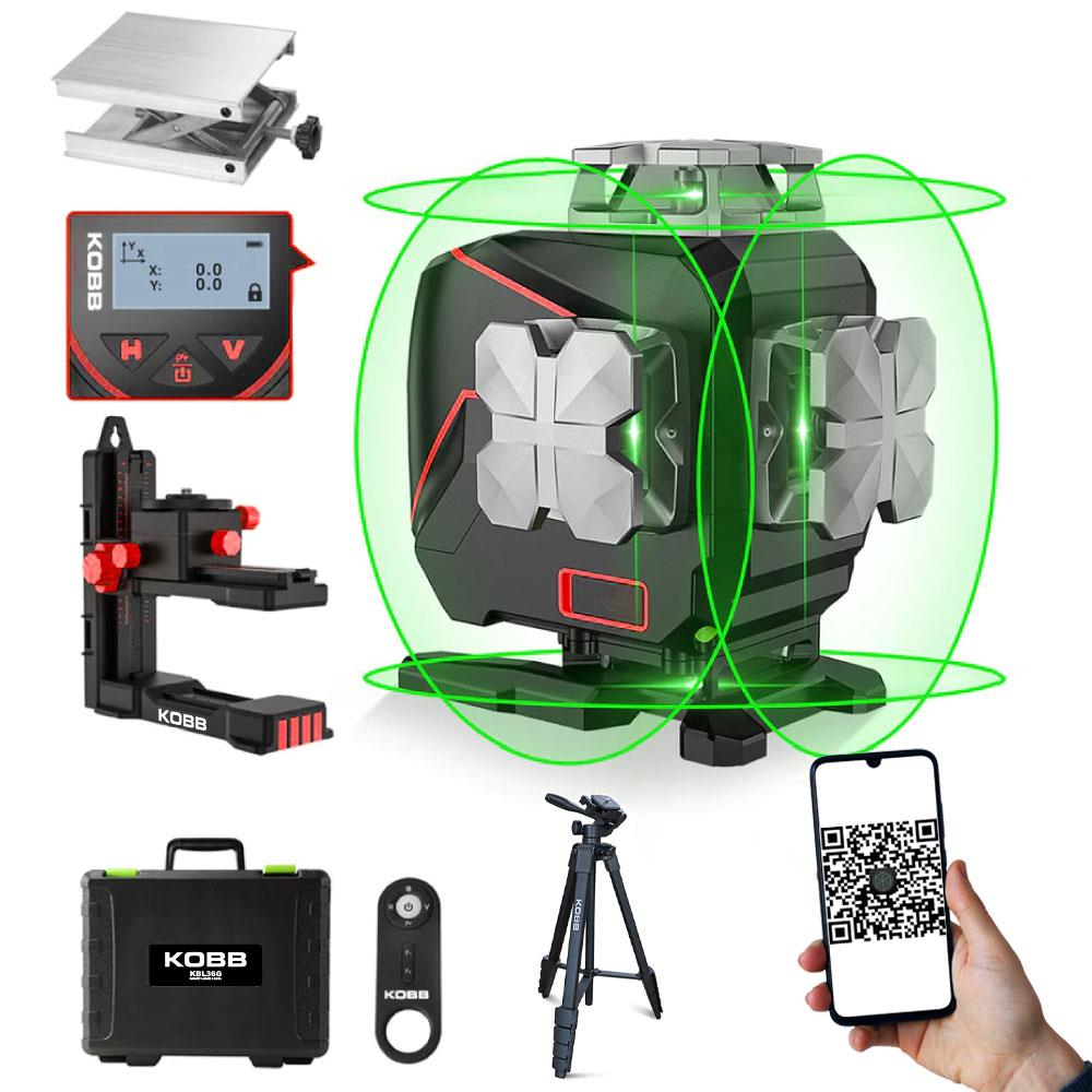 KOBB KBL36GTP Profesyonel Li - ion Şarjlı 4X360⁰ LCD Ekran Otomatik Hizalamalı Yeşil Çapraz Çizgi Lazer Distomat+Tripod - Onivias
