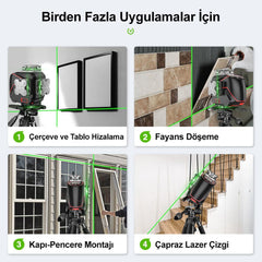 KOBB KBL36GTP Profesyonel Li - ion Şarjlı 4X360⁰ LCD Ekran Otomatik Hizalamalı Yeşil Çapraz Çizgi Lazer Distomat+Tripod - Onivias