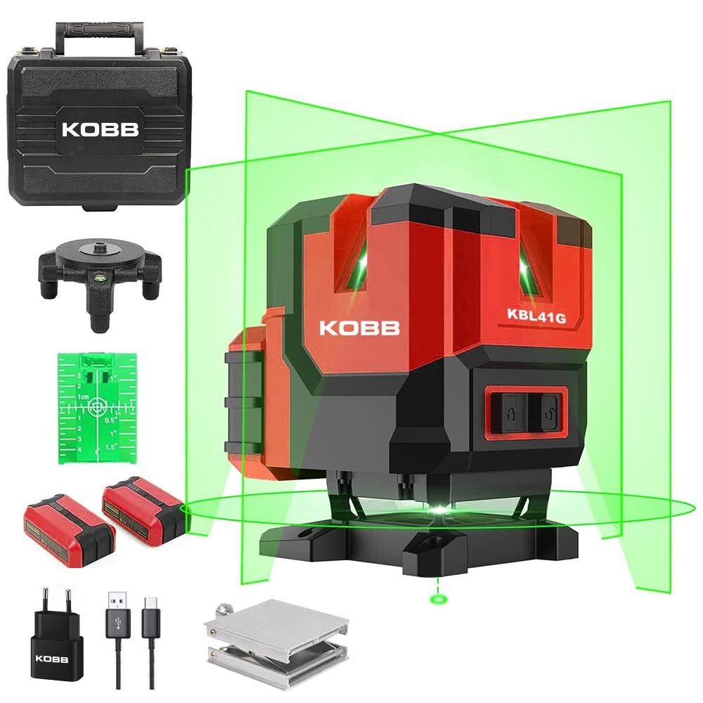 KOBB KBL41G 30Metre 4x90⁰/1x360⁰ Otomatik Hizalamalı Li - ion Çift Akülü Profesyonel Yeşil Çapraz Çizgi Lazer Distomat - Onivias