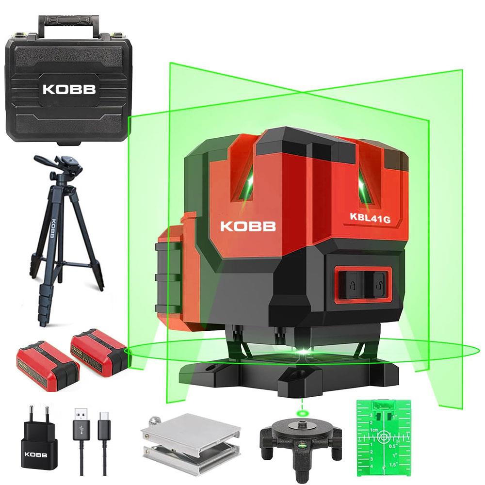 KOBB KBL41GTP 30M 4x90⁰/1x360⁰ Otomatik Hizalamalı Li - ion Çift Akü Profesyonel Yeşil Çizgi Lazer Distomat + Tripod - Onivias