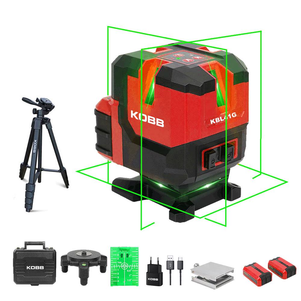 KOBB KBL41GTP 30M 4x90⁰/1x360⁰ Otomatik Hizalamalı Li - ion Çift Akü Profesyonel Yeşil Çizgi Lazer Distomat + Tripod - Onivias