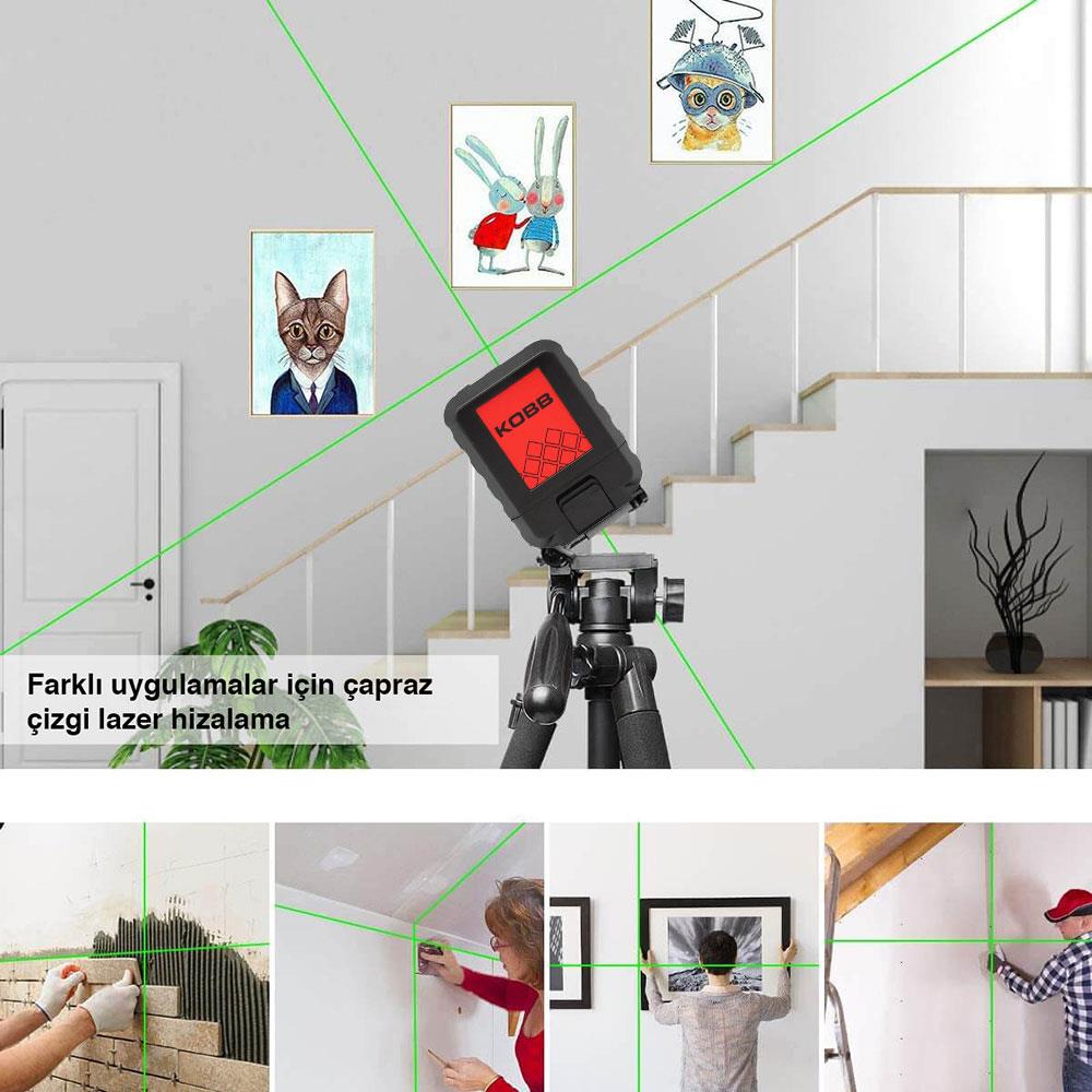 KOBB KBL90GTP 30 Metre Profesyonel Yatay ve Dikey Otomatik Hizalamalı Yeşil Çapraz Çizgi Lazer Distomat + Tripod - Onivias