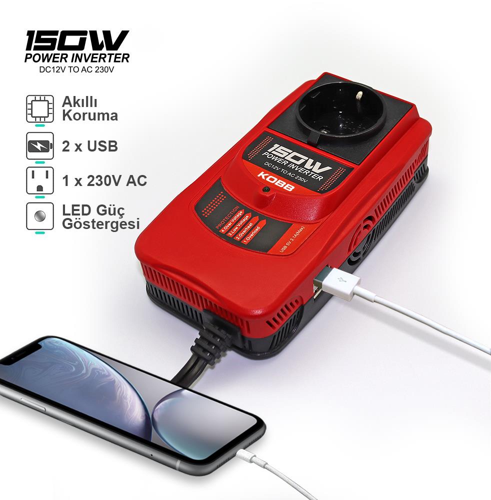 KOBB KBN150 12V/220V 150Watt Modifiye Sinüs Dönüştürücü İnvertör - Onivias