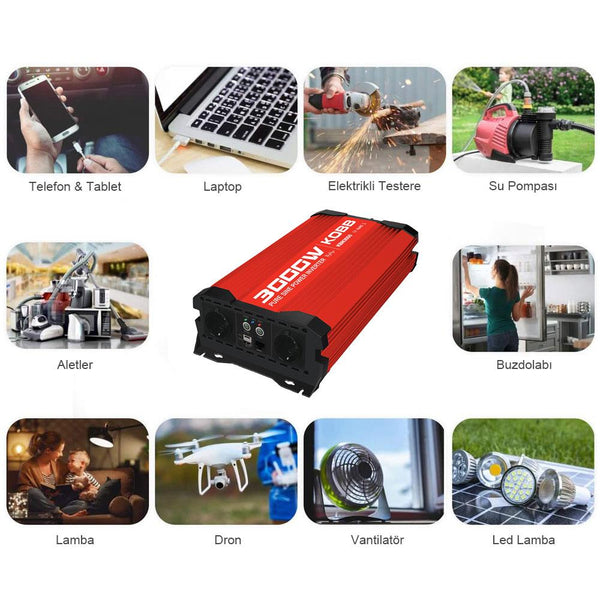 KOBB KBN3000 12V/220V 3000Watt Tam Sinüs Dönüştürücü İnvertör - Onivias