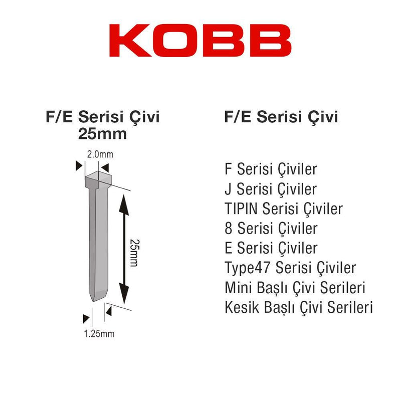KOBB KBZ25F 25mm 2500 Parça F/E/J/8 Seriyası Ağır Kəsilmiş Baş Dırnaqları