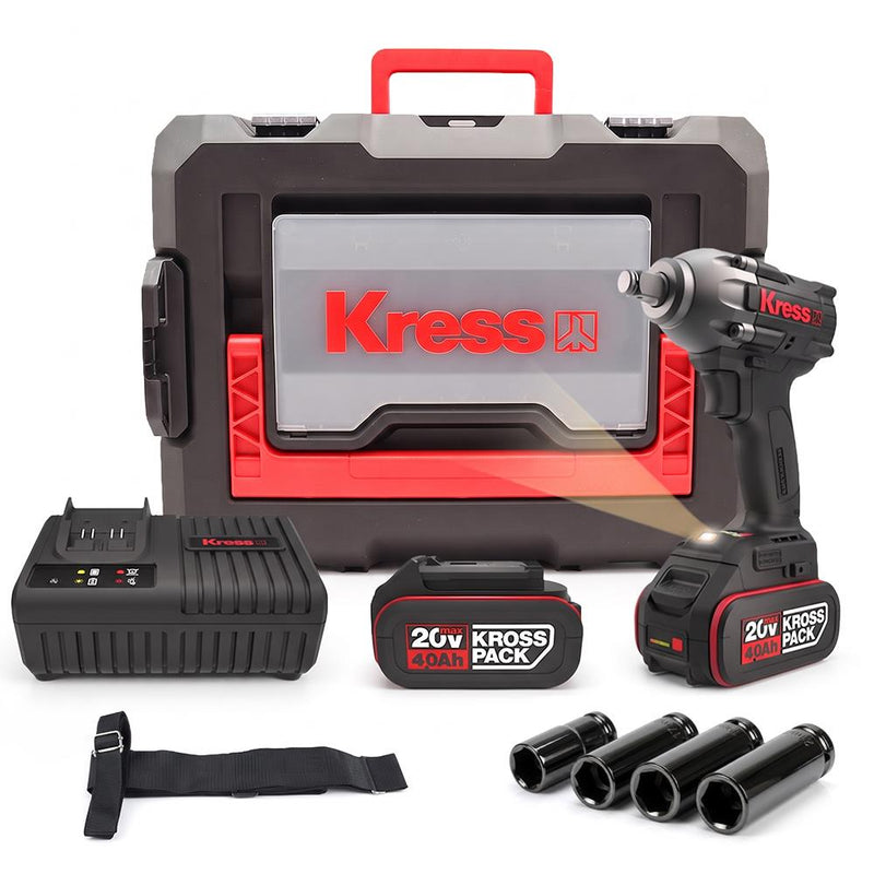 Kress KUB30.2SET 20Volt/4.0Ah. Li-ion Çift Akülü 300Nm Kömürsüz Profesyonel Şarjlı Somun Sıkma + 4 Parça Derin Lokma Seti