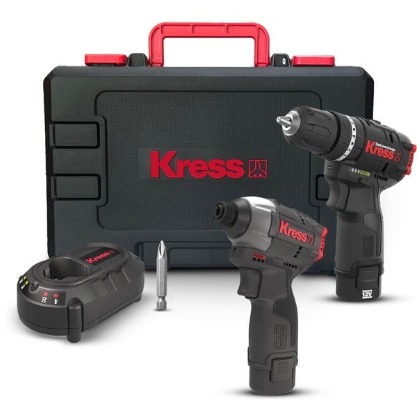 Kress KUG02 12Volt/2.0Ah. Li - ion Çift Akülü Kömürsüz Profesyonel Darbeli Matkap+Darbeli Tornavida Kombo Set - Onivias