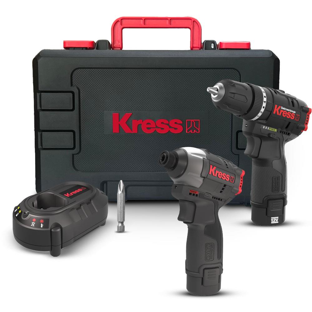Kress KUG02 12Volt/2.0Ah. Li - ion Çift Akülü Kömürsüz Profesyonel Darbeli Matkap+Darbeli Tornavida Kombo Set - Onivias