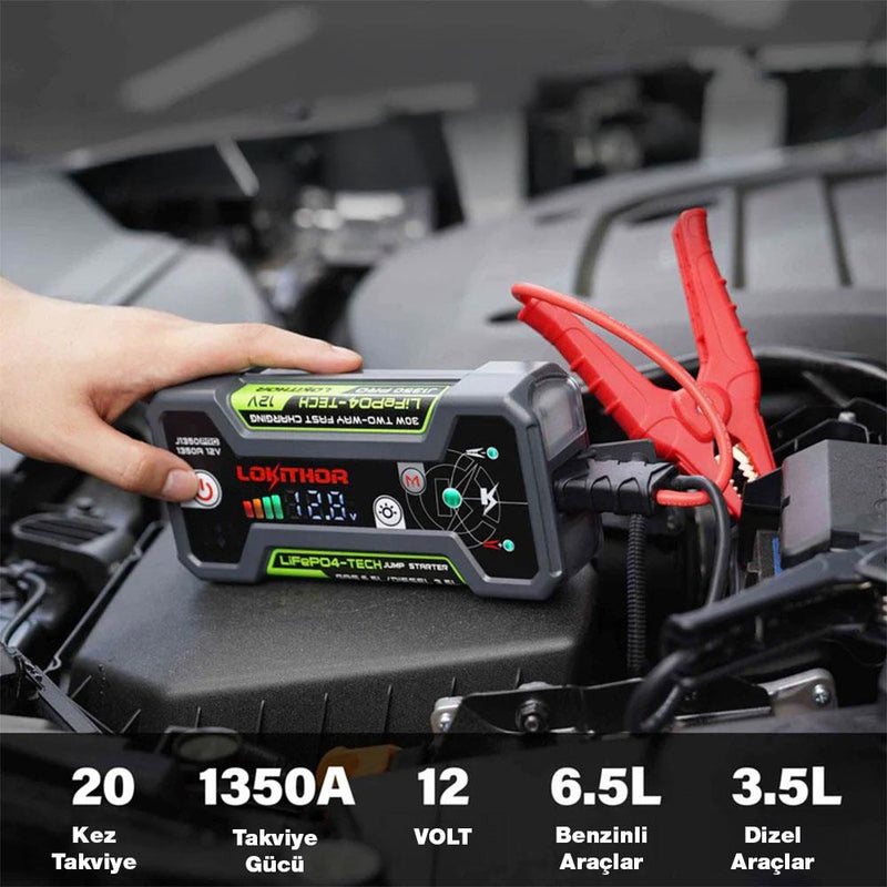 Lokithor J1350PRO 12V 1350Amp LiFePO4 Ağıllı Batareya Gücləndiricisi + Powerbank + LED Lampa
