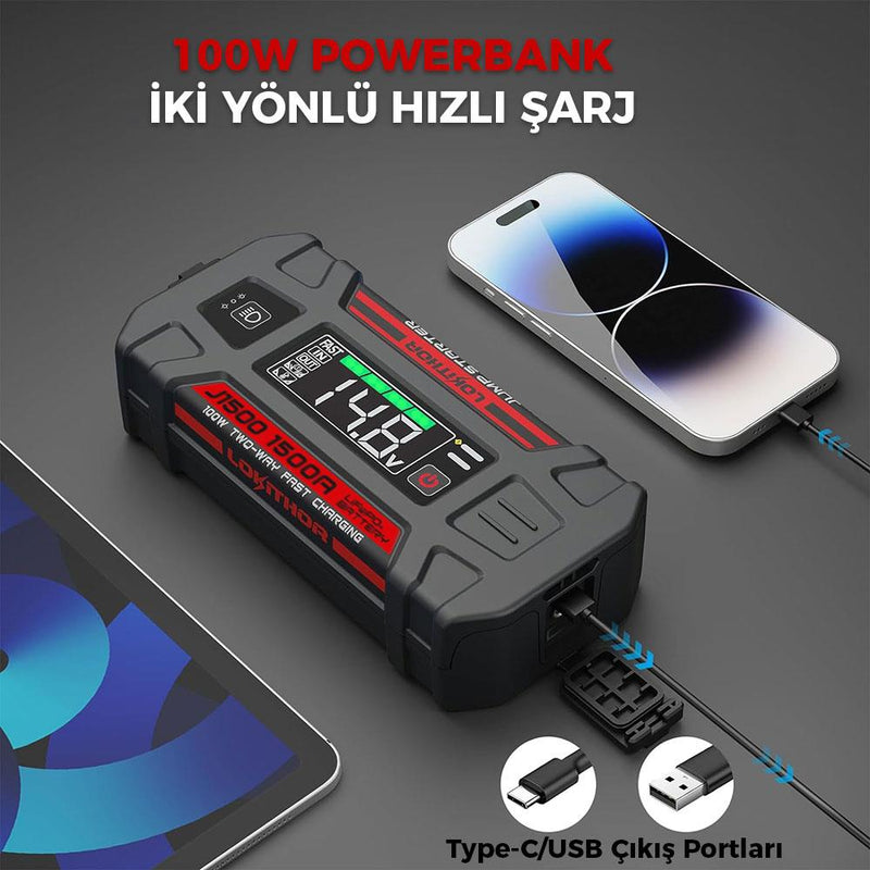 Lokithor J1500 12V 1500Amp LiFePO4 Ağıllı Batareya Gücləndirici + Powerbank + LED Lampa