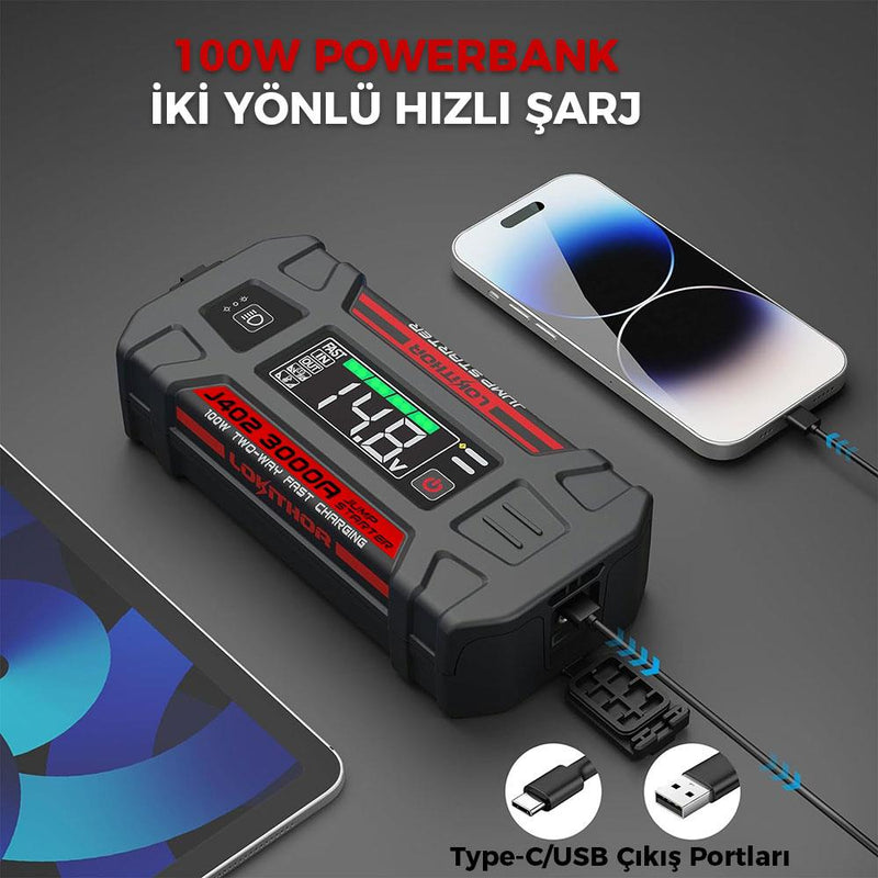 Lokithor J402 12V 3000Amp Li-Polimer Ağıllı Batareya Gücləndirici + Powerbank + LED Lampa