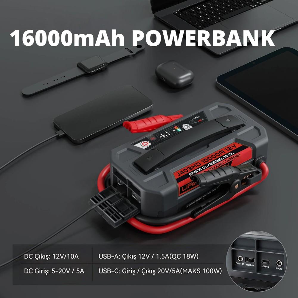 Lokithor J403HD 12V 10.000Amp Li-Polimer Akıllı Akü Takviye + Powerbank + Led Lamba - görsel 5