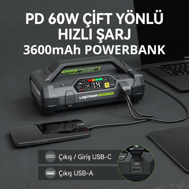 Lokithor JA3000PRO 12V 3000Amp LiFePO4 Akıllı Akü Takviye + Pompa + Powerbank + Led Lamba