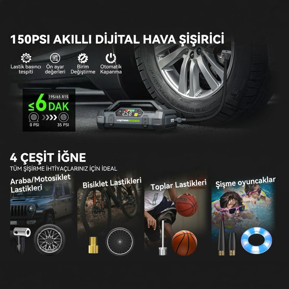 Lokithor JA3000PRO 12V 3000Amp LiFePO4 Akıllı Akü Takviye + Pompa + Powerbank + Led Lamba - görsel 9