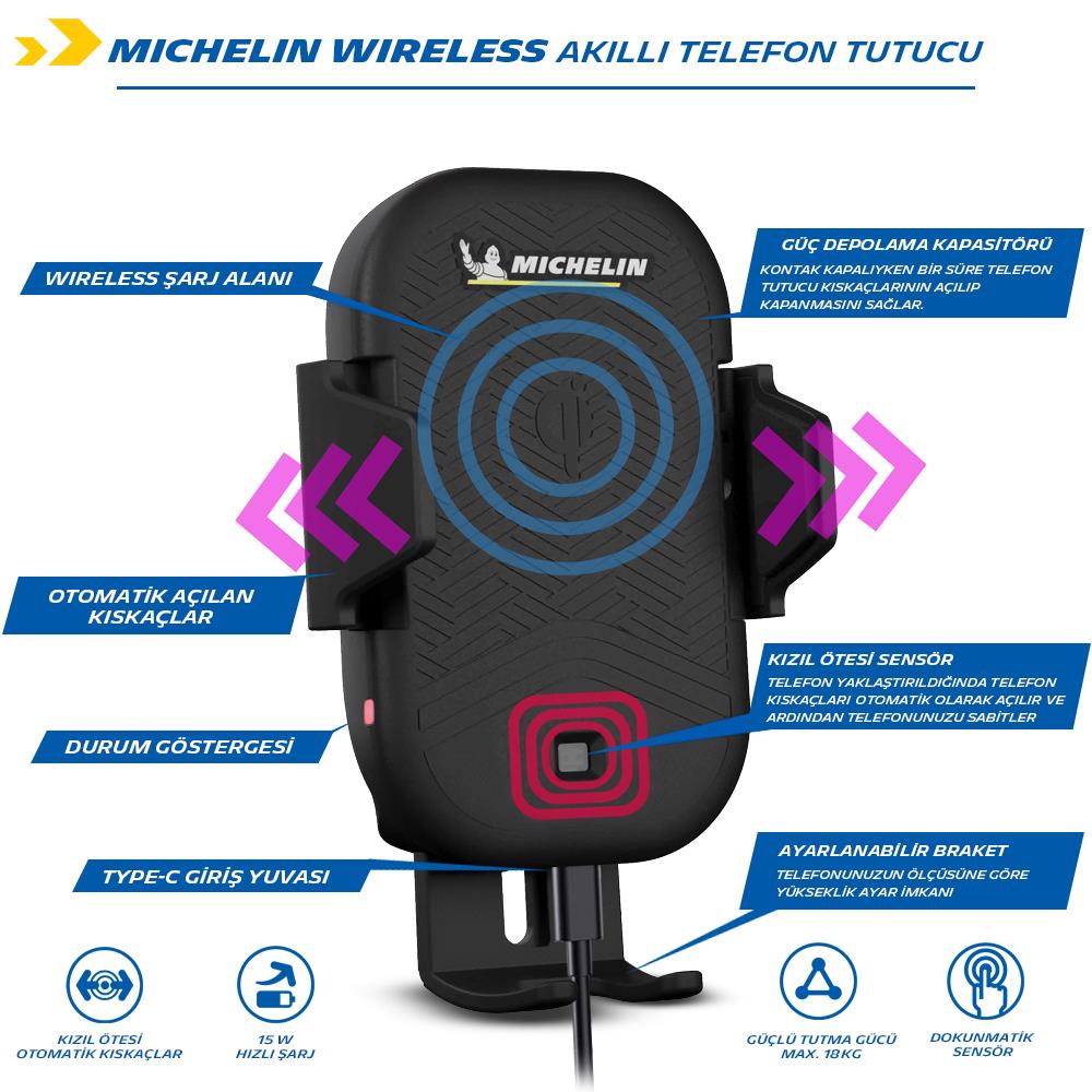 Michelin MC33368 Wireless Telefon Şarj Cihazı ve Dokunmatik Akıllı Telefon Tutucu - Onivias