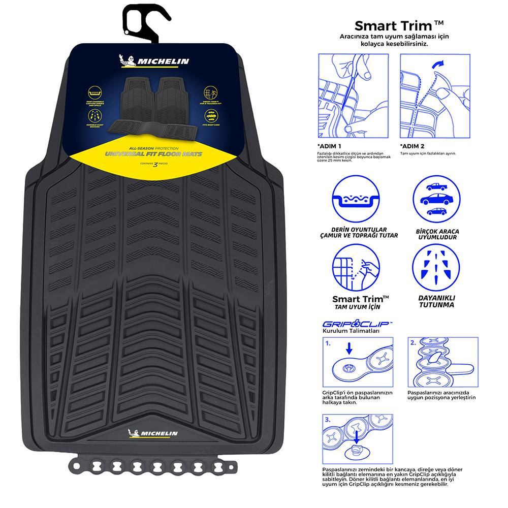 Michelin MC33863 Tüm Araçlara Uyumlu 3 Parça Üniversal 3D Havuzlu Oto Paspas - Onivias