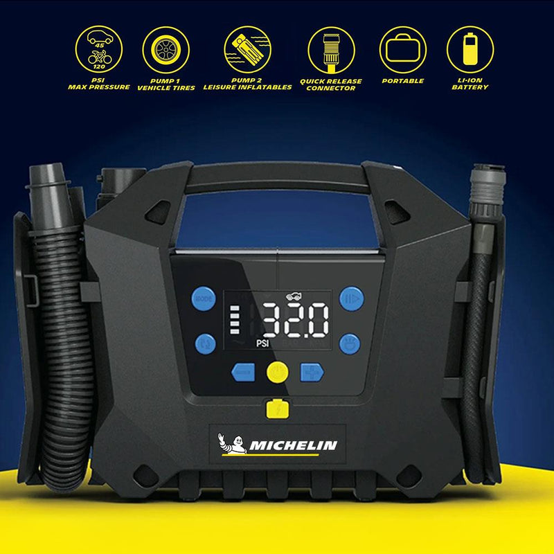 Michelin MC34259 11.1Volt/2.5Ah.120PSI Tənzimlənən Rəqəmsal Təzyiq Ölçer Təkər və Döşək Doldurma Pompası 
