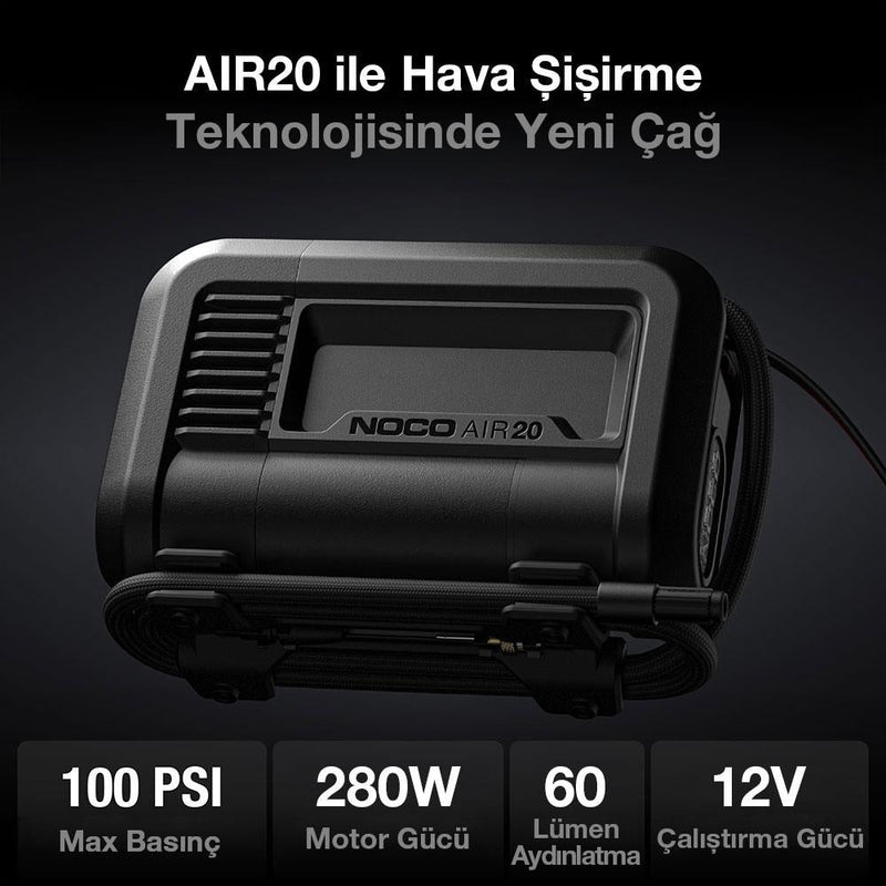NOCO AIR20 12Volt Peşəkar Təkər Şişirmə Pompası Batareya Bağlantı Klipi və 100 PSI Tənzimlənən Rəqəmsal Təzyiq Ölçer 