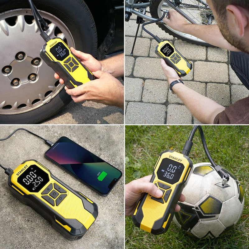 STANLEY SXIF0101 12V / Yenidən doldurulan Li-ion 150 PSI Rəqəmsal Ekran Ağıllı Təkər Şişirmə Pompası + Enerji Bankı + SOS + LED Lampa 