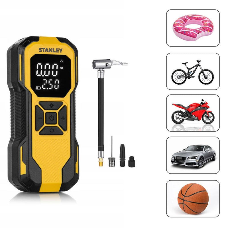 STANLEY SXIF0101 12V / Yenidən doldurulan Li-ion 150 PSI Rəqəmsal Ekran Ağıllı Təkər Şişirmə Pompası + Enerji Bankı + SOS + LED Lampa 