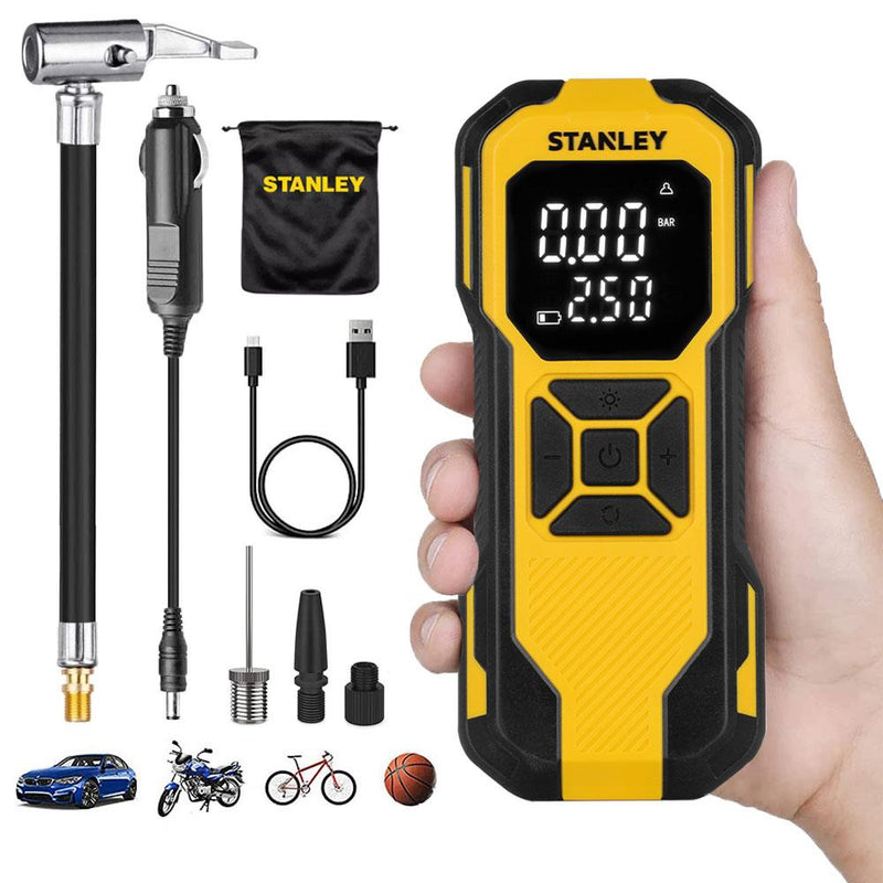 STANLEY SXIF0101 12V / Yenidən doldurulan Li-ion 150 PSI Rəqəmsal Ekran Ağıllı Təkər Şişirmə Pompası + Enerji Bankı + SOS + LED Lampa 